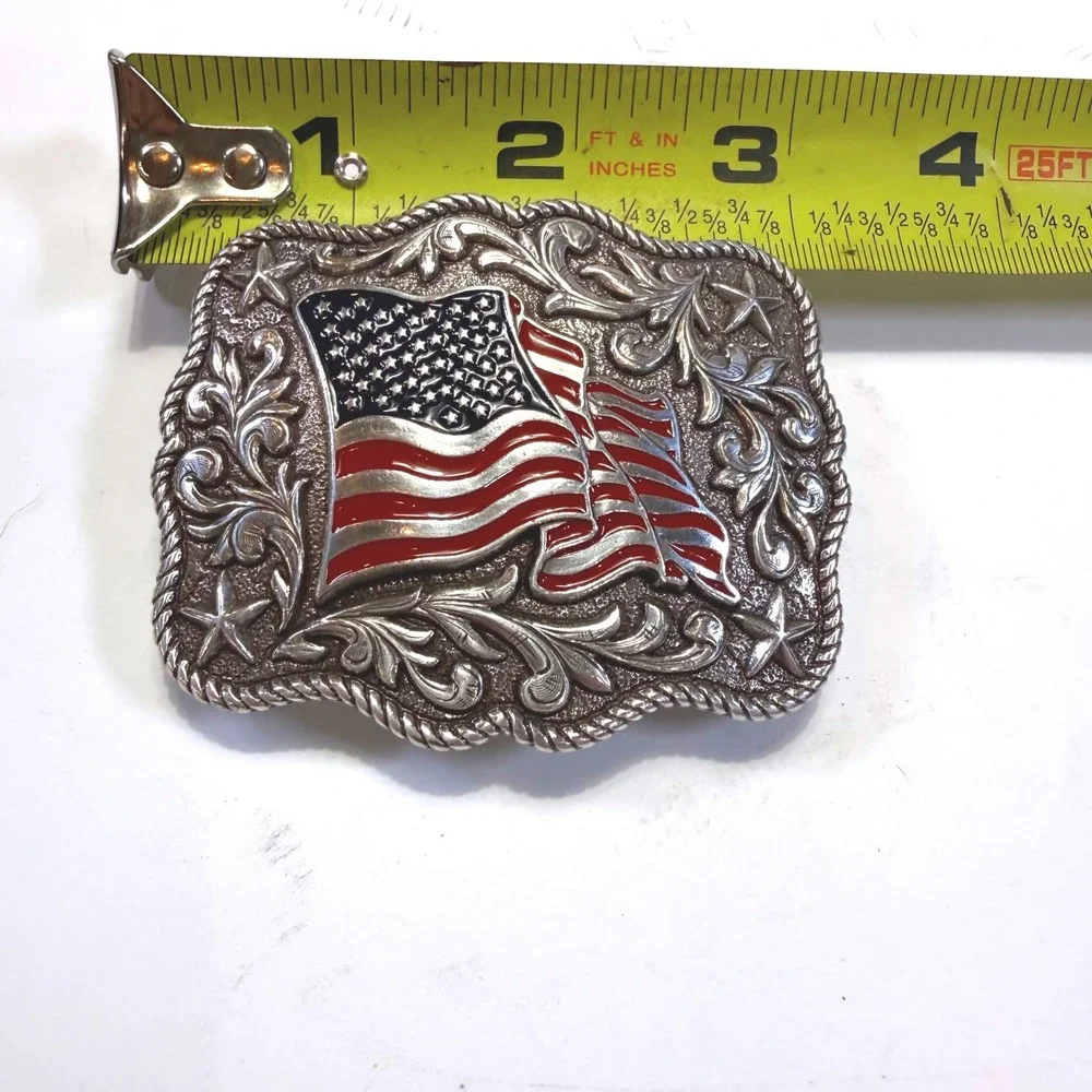 American Flag Belt Buckle Western Silver Tone Floral Scroll Patriotic USA Star